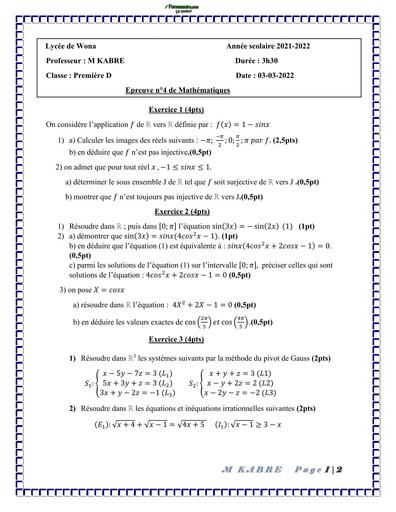 DEVOIR DE MATHS 1ière D N°4 LYCEE DE WONA 2022 BY TEHUA