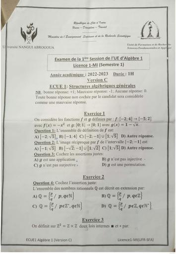 Ue Algebre s1 licence 1 Una sfa 2023