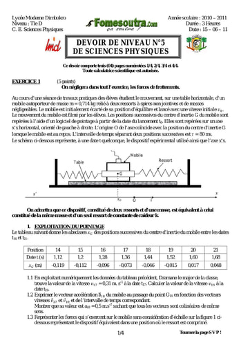 Devoir 3 Physique-Chimie niveau Terminale D lycée moderne Dimbokro