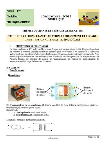 PC 4ème L9 Transformation, redressement et lissage dune tension alternative sinusoïdale