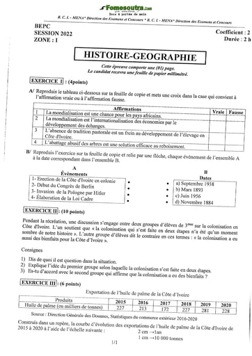 BEPC 2022 Histoire-Géographie zone 1,2 et 3 combinées avec corrections et barèmes by M.Tehua