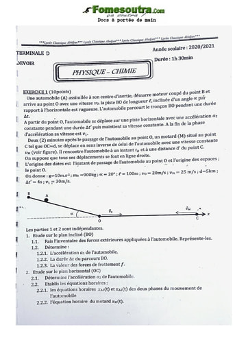 Sujet de Physique-Chimie Terminale D Lycée Classique Abidjan 2020-2021