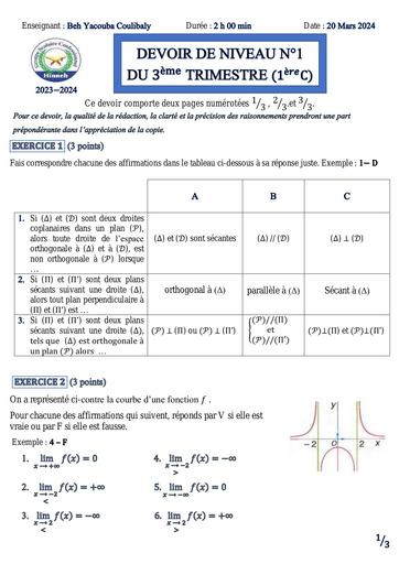 DEVOIR DE NIVEAU N°1 Maths DU TRIMESTRE 3 ( 1iere C) by Tehua