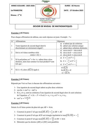 DEVOIR DE MATHS 1ière D TRIMESTRE 1 COLLEGE FIGUIER BY TEHUA