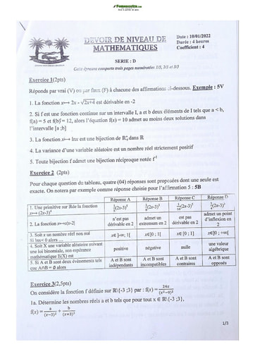 Sujet de Mathématique Terminale D 2021-2022