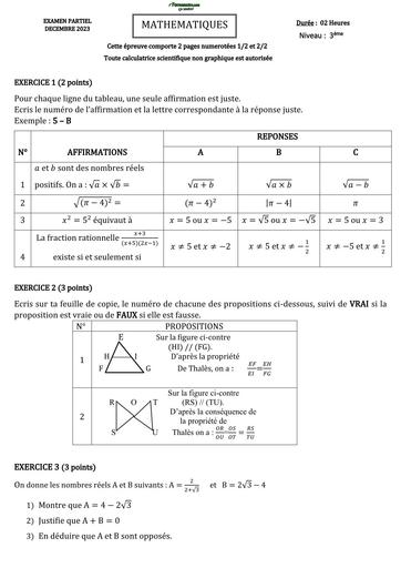 DEVOIR DE NIVEAU MATHS 3ième TRIMESTRE 2 UP DECEMBRE 2023 BY TEHUA