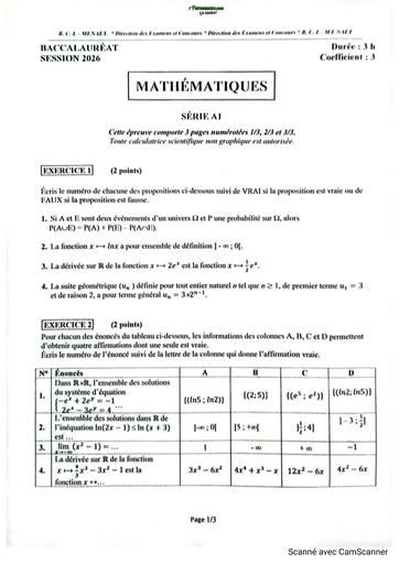 BAC 2026 Maths série A1 sujet+barème RCI By TEHUA