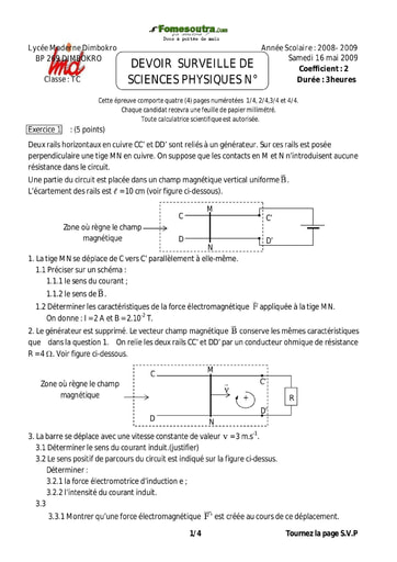 Devoir (7) de Physique niveau Terminale C