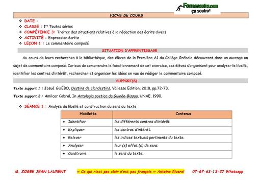FICHE DE COURS Français COMMENTAIRE COMPOSE 1ière BY TEHUA