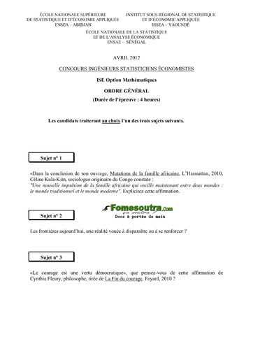 Sujet d'ordre générale ISE option maths 2012 (ENSEA - ISSEA - ENSAE)