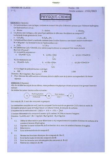 Sujet de Physique-Chimie Première C Lycée Classique Abidjan 2023