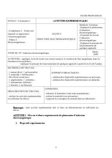 FICHE PROFESSEUR 9   induction electromagnetique