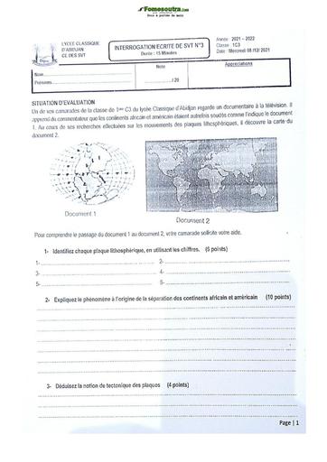 Sujets de SVT Première C Lycée Classique Abidjan 2022-2021