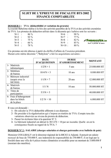 Sujet corrigé de Fiscalité BTS Finances Comptabilité et Gestion d’Entreprises 2002