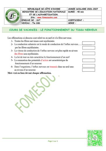 FICHE 1 SVT Tle LE FONCTIONNEMENT DU TISSU NERVEUX by TEHUA