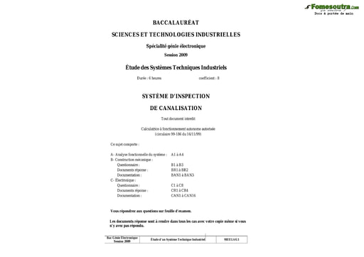 Présentation du sujet Système d'inspection de canalisation - Étude des systèmes techniques industriels - BAC 2009