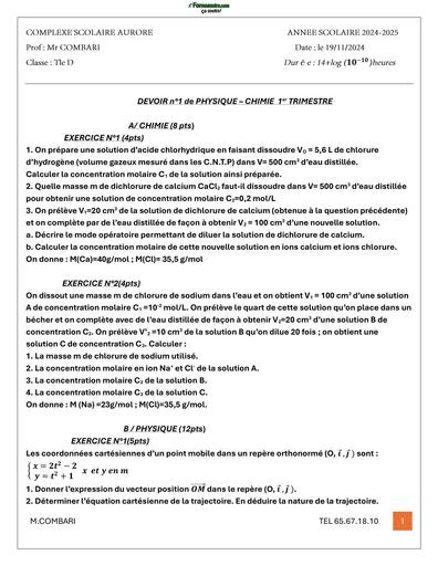 DEVOIR DE PC NIVEAU Tle D CS AURORE 2025 BY TEHUA