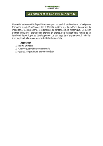 Les métiers et le bien être de l’individu - Cours EDHC CM1