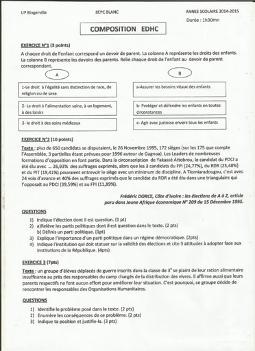 Sujet d'EDHC BEPC blanc 2015 Lycée Mamie Faitai de Bingerville