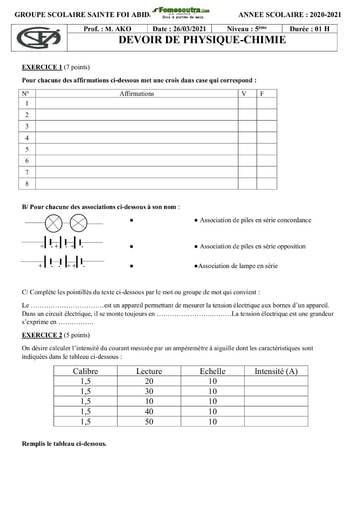 Devoir Physique-Chimie niveau 5ème Groupe Scolaire Sainte Foi 2020-2021