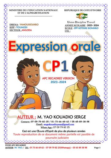 FICHE DE COURS SPECIMEN EXPRESSION ORALE CP1 BY TEHUA