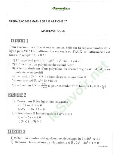 PREPA BAC 2025 MATHS SERIE A SUJET 17 BY TEHUA