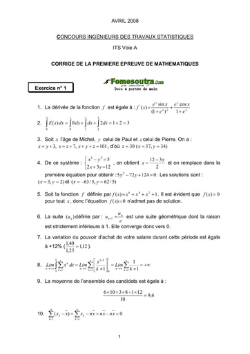 Corrigé 1ère épreuve de maths ITS A 2008 (ENSAE - ISSEA)