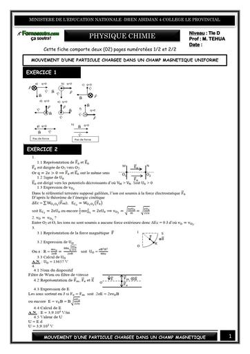 FICHE DE TRAVAUX DIRIGES PC Tle D MOUVEMENT D’UNE PARTICULE CHARGEE DANS UN CHAMP MAGNETIQUE UNIFORME (CORRIGE) BY TEHUA