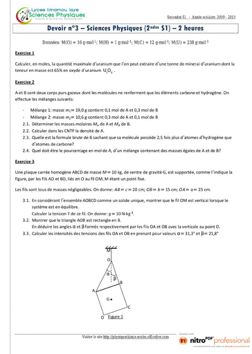 Devoir (5) de Sciences Physiques niveau Seconde S - Lycée Limamou Laye - Année scolaire 2009-2010