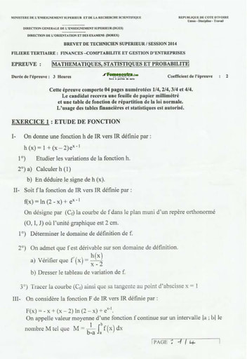 Sujet de Maths, Statistiques et Probabilité BTS blanc filière FCGE - CESA Koumassi 2014