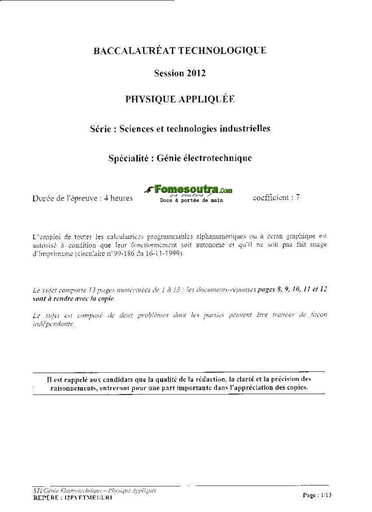 Sujet de Physique Appliquée - BAC Génie Électronique 2012