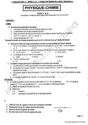 Sujet 1 prepa bac 2024 PC serie C&D by Tehua