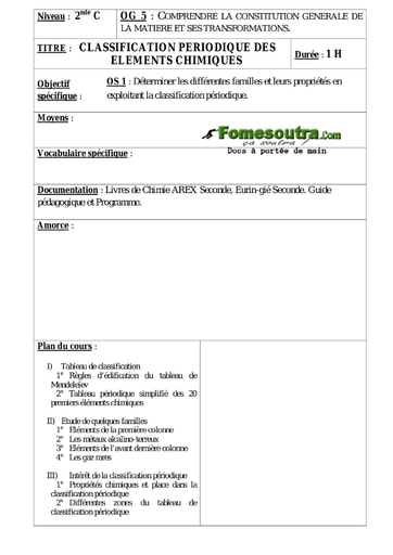 Classification périodique - Cours de Chimie 2nd C