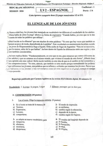 Bepc blanc 2026 dren Abidjan 4 LV2 Espagnol By Tehua