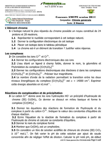 Sujet de Chimie générale concours AMCPE 2014