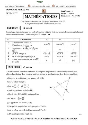 DEVOIR DE MATHS NIVEAU 3ème (Thalès et racine carrée) College St MOISE 2026 BY TEHUA