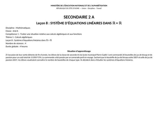 8 FCIHE DE COURS 2027 MATHS 2nde A L8 systeme equations BY TEHUA