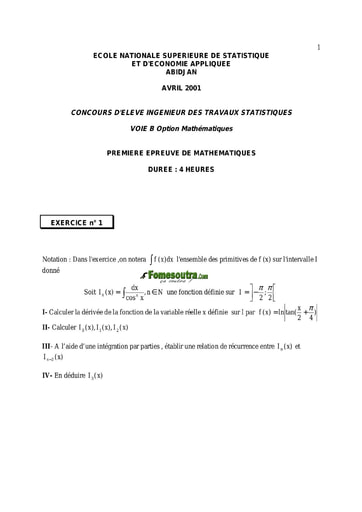 Sujet 1ère épreuve de maths ITS B option Maths 2001 (ENSEA)