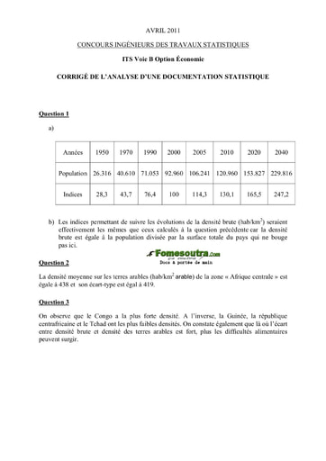 Corrigé Analyse d'une Documentation Statistique ITS B option Economie 2011 (ENSEA)