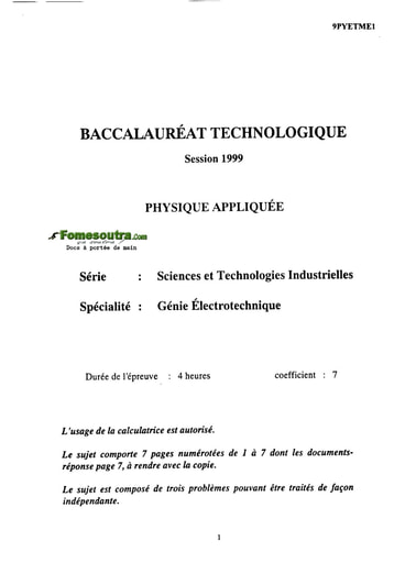 Sujet de Physique Appliquée - BAC Génie Électronique 1999