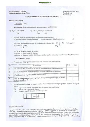 Sujet de Physiques-Chimie Lycée Classique Abidjan 2023