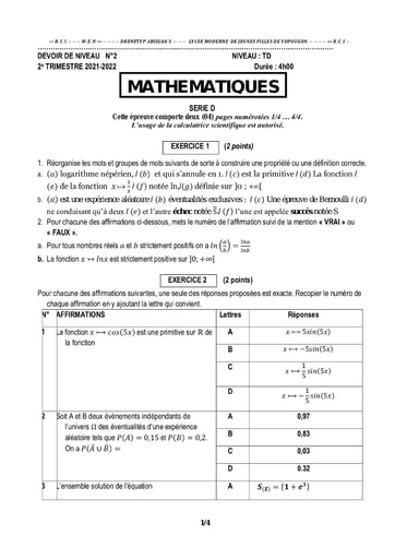 DEVOIR DE NIVEAU TD N°02 2021 2022 LYCEE MODERNE JEUNE FILLE DE YOPOUGON