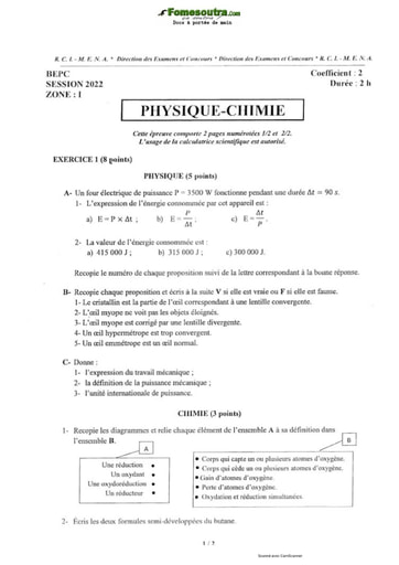 Sujet, correction et barème de Physique-Chimie BEPC 2022 (Zone 1,2 et 3) by M Tehua