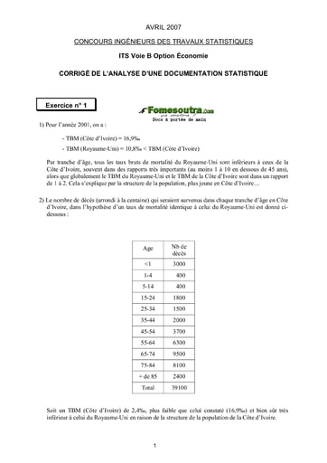 Corrigé Analyse d'une Documentation Statistique ITS B option Economie 2007 (ENSEA)