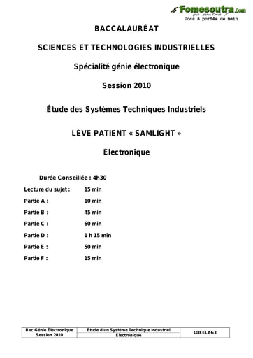 Sujet corrigé Lève Patient « SAMLIGHT »  - Étude des Systèmes Techniques Industriels - BAC 2010