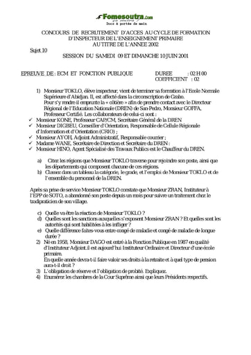 Sujet (2)  ECM et Fonction Publique - Inspecteur de l'Enseignement Primaire