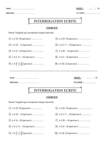 Interrogation écrite N°2 niveau 3ième Maths (Intervalle) Calculs numériques By Tehua