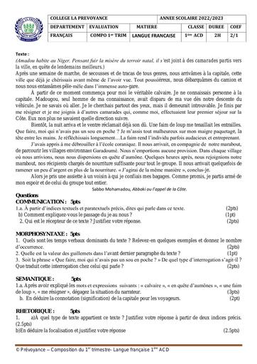 Langue française  1ère ACD compo trim 1 22 23