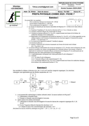 PREPA BAC 2025 SERIE PC C&D FICHE 7 sujet+corrigé MAI 2025 BY TEHUA