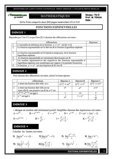 FICHE DE TRAVAUX DIRIGES MATHS Tle D EXPONENTIELLE BY TEHUA